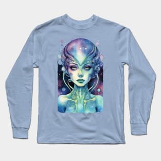 Alien Girl, colorful watercolor space art Long Sleeve T-Shirt